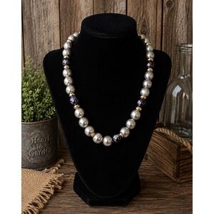 Napier Vintage Faux Pearl Necklace Silver Grey Purple Gold Tone Clasp 18 Inches‎